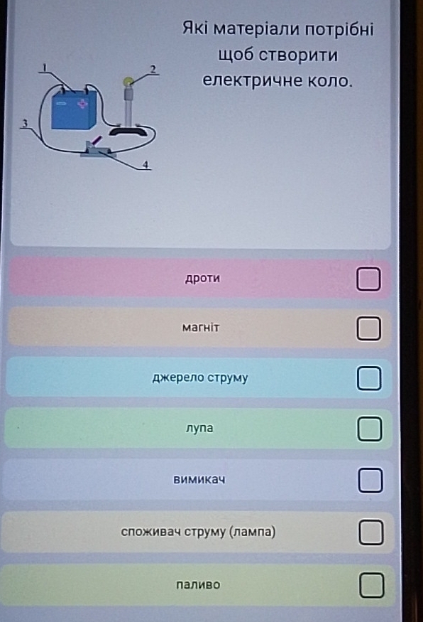 Яκі матеріали πотрібні
Шоб створити
електричне коло.
дроτи
Maгhit
джерело струму
nyna
вимикач
сложивач струму (ламла)
лаливо