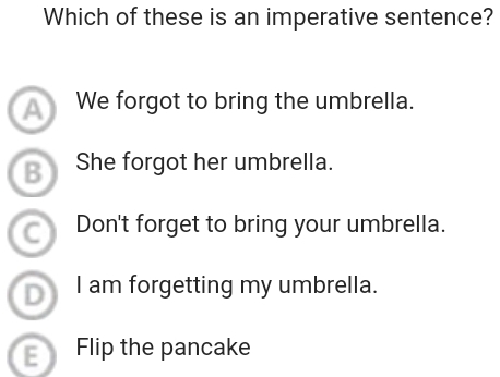 Which of these is an imperative sentence?
We forgot to bring the umbrella.
B She forgot her umbrella.
C Don't forget to bring your umbrella.
D I am forgetting my umbrella.
E Flip the pancake