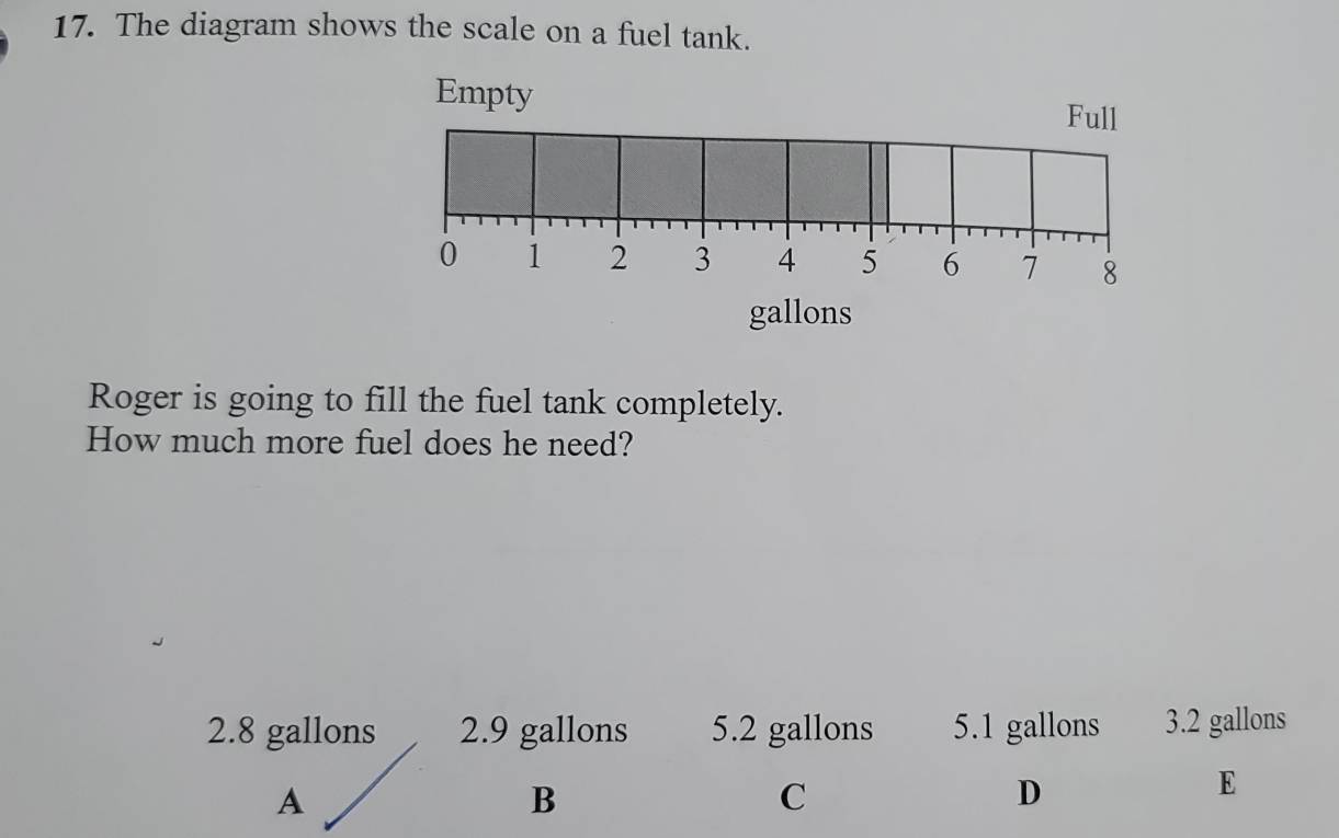 The diagram shows the scale on a fuel tank.
Empty Full
0 1 2 3 4 5 6 7 8
gallons
Roger is going to fill the fuel tank completely.
How much more fuel does he need?
2.8 gallons 2.9 gallons 5.2 gallons 5.1 gallons 3.2 gallons
A
B
C
D
E