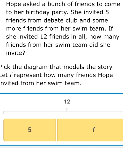 Hope asked a bunch of friends to come 
to her birthday party. She invited 5
friends from debate club and some 
more friends from her swim team. If 
she invited 12 friends in all, how many 
friends from her swim team did she 
invite? 
Pick the diagram that models the story. 
Let f represent how many friends Hope 
nvited from her swim team.
12
5
f