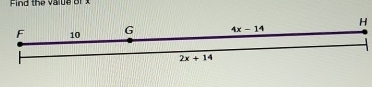 Find the value or 
F 10 G 4x-14 H
2x+14