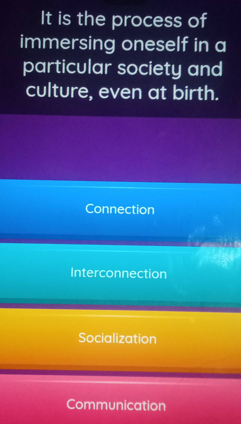 It is the process of
immersing oneself in a
particular society and
culture, even at birth.
Connection
Interconnection
Socialization
Communication