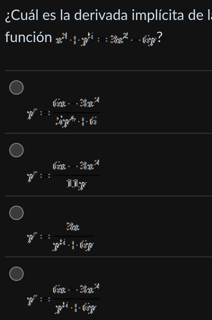 ¿Cuál es la derivada implícita de la
función x^(frac 3)x·  1/1 · x^(frac 1)2:_ x:_ x^(frac 2) ?
W':: 6x/36x^4 .1a.^4a· frac 1
y': ((6x· -3)x^4)/11y 
p^r:: 3kx/y^4· 1· 6cp 
W':= (6x· -36-3x^4)/y^4 