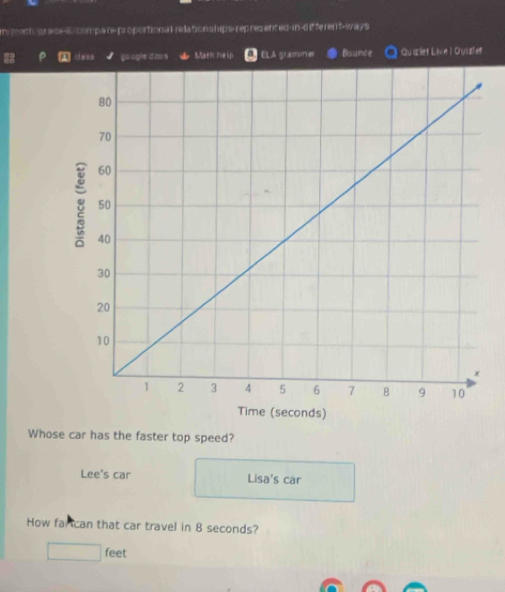 mattu orace-E7 compan-proportional relation ships-represented-in-different-ways
P dass gu ogle dous Math help A ELA gramotes Bounde Quizlet Live ) Quizlet
Whose car has the faster top speed?
Lee's car Lisa's car
How far can that car travel in 8 seconds?
feet