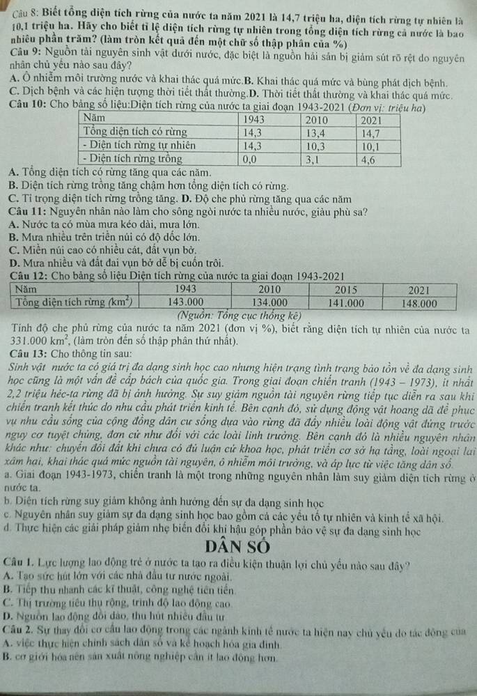 Biết tổng diện tích rừng của nước ta năm 2021 là 14,7 triệu ha, diện tích rừng tự nhiên là
10,1 triệu ha. Hãy cho biết tỉ lệ diện tích rừng tự nhiên trong tổng diện tích rừng cả nước là bao
nhiêu phần trăm? (làm tròn kết quả đến một chữ số thập phân của %)
Câu 9: Nguồn tài nguyên sinh vật dưới nước, đặc biệt là nguồn hải sản bị giảm sút rõ rệt do nguyên
nhân chủ yếu nào sau đây?
A. Ô nhiễm môi trường nước và khai thác quá mức.B. Khai thác quá mức và bùng phát dịch bệnh.
C. Dịch bệnh và các hiện tượng thời tiết thất thường.D. Thời tiết thất thường và khai thác quá mức.
Câu 10: Cho bảng số liệu:Diện tích rừng của nước ta giai đoạn 1943-2021 (Đơn vị: triệu ha)
A. Tổng iện tích có rừng tăng qua các năm.
B. Diện tích rừng trồng tăng chậm hơn tổng diện tích có rừng.
C. Tỉ trọng diện tích rừng trồng tăng. D. Độ che phủ rừng tăng qua các năm
Câu 11: Nguyên nhân nào làm cho sông ngòi nước ta nhiều nước, giàu phù sa?
A. Nước ta có mùa mưa kéo dài, mưa lớn.
B. Mưa nhiều trên triển núi có độ đốc lớn.
C. Miền núi cao có nhiều cát, đất vun bở.
D. Mưa nhiều và đất đai vụn bở dễ bị cuốn trôi.
Câu 12: Cho bảng số liệu Diện tích rừng của nước ta giai đoạn 1943-2021
Tính độ che phủ rừng của nước ta năm 2021 (đơn vị %), biết rằng diện tích tự nhiên của nước ta
331.000km^2 (làm tròn đến số thập phân thứ nhất).
Câu 13: Cho thông tin sau:
Sinh vật nước ta có giá trị đa dạng sinh học cao nhưng hiện trạng tình trạng bảo tồn về đa dạng sinh
học cũng là một vấn đề cấp bách của quốc gia. Trong giai đoạn chiến tranh (1943 - 1973), it nhất
2,2 triệu héc-ta rừng đã bị ảnh hưởng. Sự suy giảm nguồn tài nguyên rừng tiếp tục diễn ra sau khi
chiến tranh kết thúc do nhu cầu phát triển kinh tể. Bên cạnh đỏ, sử dụng động vật hoang dã đề phục
vụ nhu cầu sống của cộng đồng dân cư sống dựa vào rừng đã đầy nhiều loài động vật đứng trước
nguy cơ tuyệt chủng, đơn cử như đổi với các loài linh trưởng. Bên cạnh đỏ là nhiều nguyên nhân
khác như: chuyển đổi đất khi chưa có đủ luận cứ khoa học, phát triển cơ sở hạ tầng, loài ngoại lai
xâm hại, khai thác quá mức nguồn tài nguyên, ô nhiễm môi trưởng, và áp lực từ việc tăng dân số.
a. Giai đoạn 1943-1973, chiến tranh là một trong những nguyên nhân làm suy giảm diện tích rừng ở
nước ta.
b. Diện tích rừng suy giảm không ảnh hưởng đến sự đa dạng sinh học
c. Nguyên nhân suy giảm sự đa đạng sinh học bao gồm cả các yểu tố tự nhiên và kinh tể xã hội.
d. Thực hiện các giải pháp giảm nhẹ biển đổi khí hậu góp phần bảo vệ sự đa dạng sinh học
Dân Số
Câu 1. Lực lượng lao động trẻ ở nước ta tạo ra điều kiện thuận lợi chủ yểu nào sau đây?
A. Tạo sức hút lớn với các nhà đầu tư nước ngoài.
B. Tiếp thu nhanh các kĩ thuật, công nghệ tiên tiến
C. Thị trường tiêu thụ rộng, trình độ lao động cao
D. Nguồn lạo động đổi dảo, thu hút nhiều đầu tư
Câu 2. Sự thay đổi cơ cầu lao động trong các ngành kinh tế nước ta hiện nay chủ yếu do tác động của
A. việc thực hiện chính sách dân số và kể hoạch hóa gia đình.
B. cơ giới hóa nên sản xuất nông nghiệp cần ít lao động hơn.