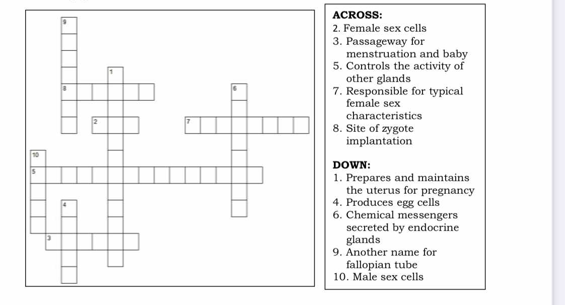 ACROSS: 
. Female sex cells 
. Passageway for 
menstruation and baby 
. Controls the activity of 
other glands 
. Responsible for typical 
female sex 
characteristics 
. Site of zygote 
implantation 
OWN: 
. Prepares and maintains 
the uterus for pregnancy 
. Produces egg cells 
. Chemical messengers 
secreted by endocrine 
glands 
. Another name for 
fallopian tube 
0. Male sex cells