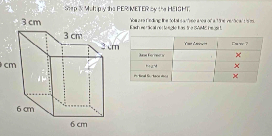 Multiply the PERIMETER by the HEIGHT. 
ou are finding the total surface area of all the vertical sides. 
ach vertical rectangle has the SAME height. 
c