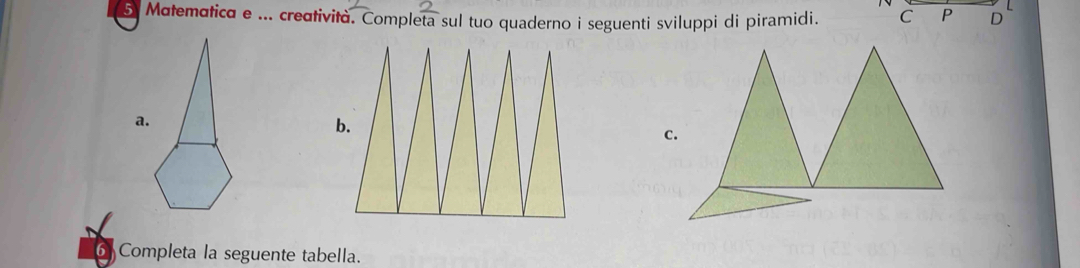 Matematica e ... creatività. Completa sul tuo quaderno i seguenti sviluppi di piramidi. C P D 
a. 
6 Completa la seguente tabella.