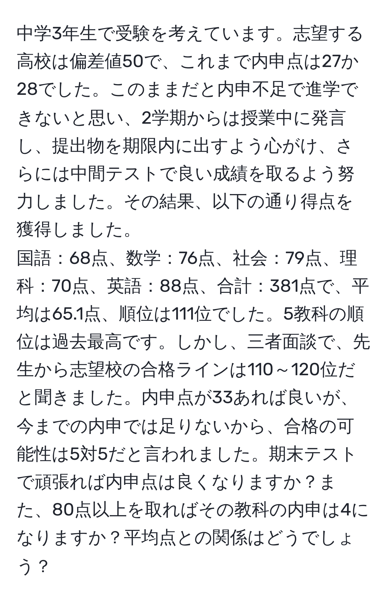 中学3年生で受験を考えています。志望する高校は偏差値50で、これまで内申点は27か28でした。このままだと内申不足で進学できないと思い、2学期からは授業中に発言し、提出物を期限内に出すよう心がけ、さらには中間テストで良い成績を取るよう努力しました。その結果、以下の通り得点を獲得しました。  
国語：68点、数学：76点、社会：79点、理科：70点、英語：88点、合計：381点で、平均は65.1点、順位は111位でした。5教科の順位は過去最高です。しかし、三者面談で、先生から志望校の合格ラインは110～120位だと聞きました。内申点が33あれば良いが、今までの内申では足りないから、合格の可能性は5対5だと言われました。期末テストで頑張れば内申点は良くなりますか？また、80点以上を取ればその教科の内申は4になりますか？平均点との関係はどうでしょう？