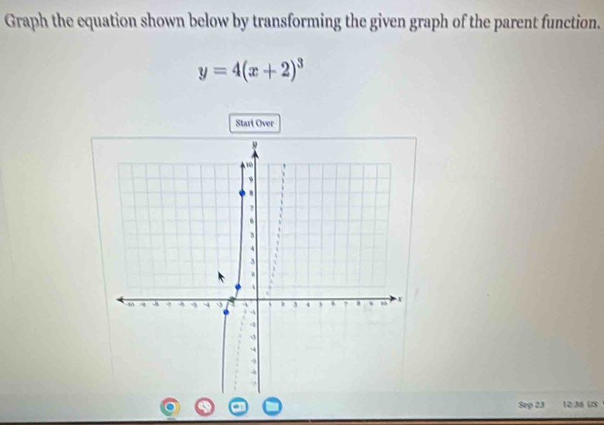 Graph the equation shown below by transforming the given graph of the parent function.
y=4(x+2)^3
Start Over 
Sep 23 10:36 US