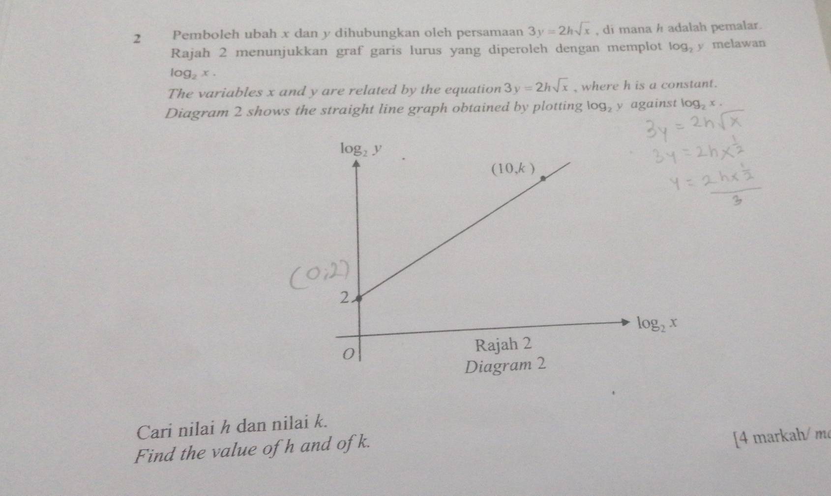 Pemboleh ubah x dan y dihubungkan oleh persamaan 3y=2hsqrt(x) , di mana h adalah pemalar.
Rajah 2 menunjukkan graf garis lurus yang diperoleh dengan memplot log _2 y melawan
log _2x.
The variables x and y are related by the equation 3y=2hsqrt(x) , where h is a constant.
Diagram 2 shows the straight line graph obtained by plotting log _2 y against log _2x.
Cari nilai h dan nilai k.
Find the value of h and of k.
[4 markah/ m