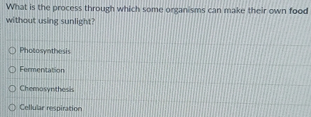 What is the process through which some organisms can make their own food
without using sunlight?
Photosynthesis
Fermentation
Chemosynthesis
Cellular respiration