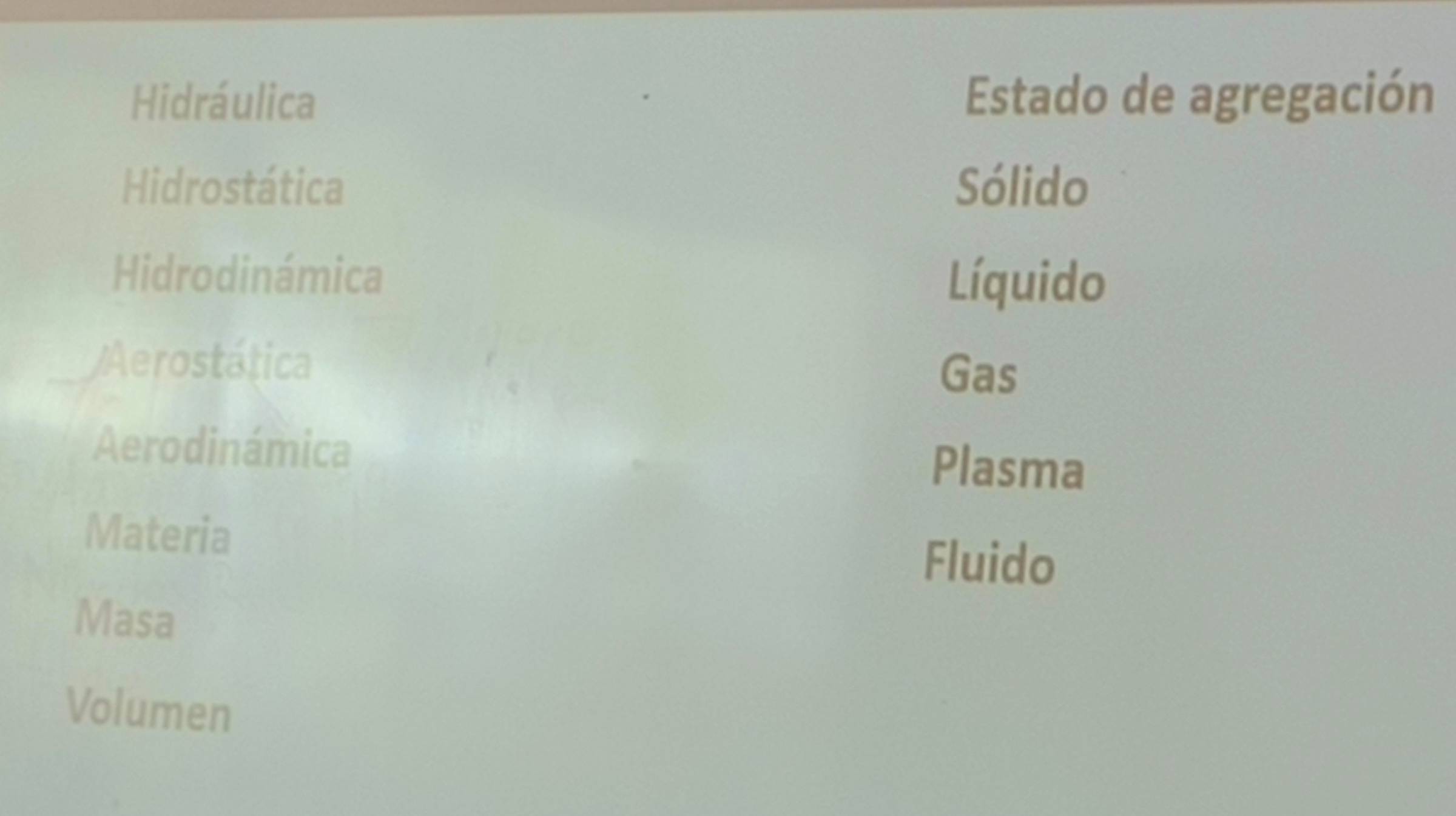 Hidráulica Estado de agregación
Hidrostática Sólido
Hidrodinámica
Líquido
Aerostática Gas
Aerodinámica
Plasma
Materia
Fluido
Masa
Volumen