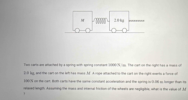 Solved: Two carts are attached by a spring with spring constant 1000 N ...
