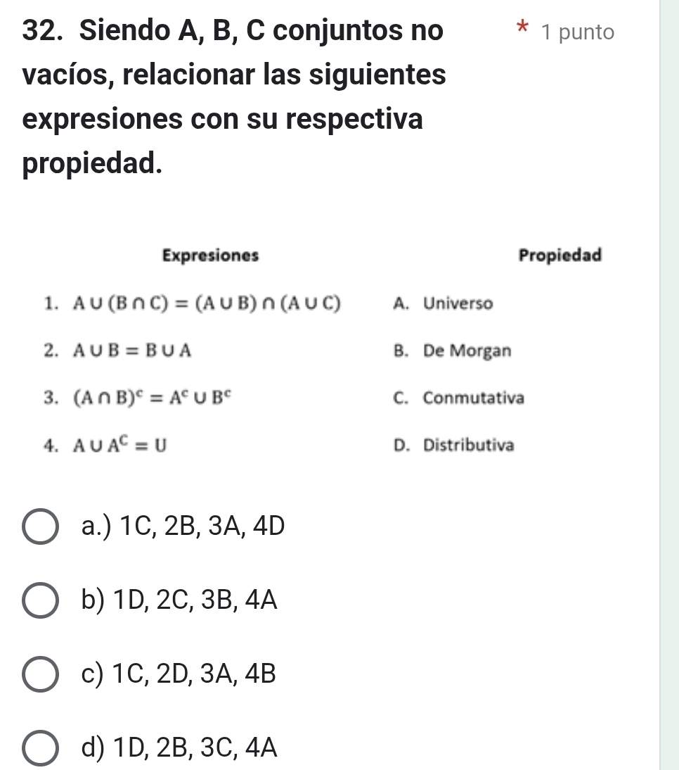 Siendo A, B, C conjuntos no 1 punto
vacíos, relacionar las siguientes
expresiones con su respectiva
propiedad.
Expresiones Propiedad
1. A∪ (B∩ C)=(A∪ B)∩ (A∪ C) A. Universo
2. A∪ B=B∪ A B. De Morgan
3. (A∩ B)^c=A^c∪ B^c C. Conmutativa
4. A∪ A^C=U D. Distributiva
a.) 1C, 2B, 3A, 4D
b) 1D, 2C, 3B, 4A
c) 1C, 2D, 3A, 4B
d) 1D, 2B, 3C, 4A