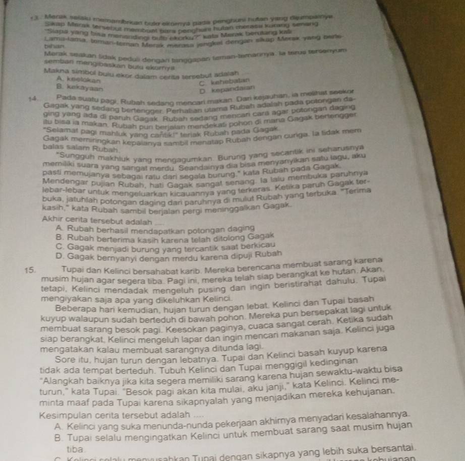 13 . Marisk selaiu memambrkad bulo ekrva pada penghuni hutan yang diumpainye
Sikap Marak tersetjut membupt bara penghum hutan merasw kuring semang
'Siapa yang bisa menandingi butb ekorky?" kats Merak berutang kali
bihan. Lama-lama, teman-teman Merak merasa jonkel dengan sikap Merak yang peine
Marak seakan Sdak peduli dengan tanggasan teman-temarnya, la tirua servenyum
semban mengibaskan butu ekorya
Makna simbol buiu ekor dalam cerisa tersebut adalan
A. keelokan
B. kekayaan
D. kepandaian C. kehebatan
14. Pada suatu pagi, Rubah sedang mencari makan. Dari kejauhan, ia melihat seekor
Gagak yang sedang bertengger. Perhatian utama Rubah adalah pada potongan da
ging yang ada di paruh Gagak Rubah sedang mencari cara agar potorigan daging
itu bisa ia makan. Rubah pun berjalan mendekali pohon di maria Gagak berlengger
"Selamat pagi mahluk yang cañtik!" teriak Rubah pada Gagak
Gagak memiringkan kepaianya sambil menatap Rubah dengan curiga. la lidak mem
balas salam Rubah.
*Sungguh makhiuk yang mengagumkan. Burung yang secantik ini seharusnya
memiliki suara yang sangat merdu. Seandainya dia bisa menyanyikan satu lagu, aku
pasti memujanya sebagai ratu dari segala burung," kata Rubah pada Gagak
Mendengar pujian Rubah, hati Gagak sangat senang. la lalu membuka paruhnya
lebar-lebar untuk mengeluarkan kicauannya yang terkeras. Ketika paruh Gagak ter-
buka, jatuhlah potongan daging dari paruhnya di mulut Rubah yang terbuka. 'Terima
kasih," kata Rubah sambil berjalan pergi meninggalkan Gagak.
Akhir centa tersebut adalah
A. Rubah berhasil mendapatkan potongan daging
B. Rubah berterima kasih karena telah ditolong Gagak
C. Gagak menjadi burung yang tercantik saat berkicau
D. Gagak bernyanyi dengan merdu karena dipuji Rubah
15. Tupai dan Kelinci bersahabat karib. Mereka berencana membuat sarang karena
musim hujan agar segera tiba. Pagi ini, mereka telah siap berangkat ke hutan. Akan
tetapi, Kelinci mendadak mengeluh pusing dan ingin beristirahat dahulu. Tupai
mengiyakan saja apa yang dikeluhkan Kelinci.
Beberapa hari kemudian, hujan turun dengan lebat. Kelinci dan Tupai basah
kuyup walaupun sudah berteduh di bawah pohon. Mereka pun bersepakat lagi untuk
membuat sarang besok pagi. Keesokan paginya, cuaca sangat cerah, Ketika sudah
siap berangkat, Kelinci mengeluh lapar dan ingin mencan makanan saja. Kelinci juga
mengatakan kalau membuat sarangnya ditunda lagi.
Sore itu, hujan turun dengan lebatnya. Tupai dan Kelinci basah kuyup karena
tidak ada tempat berteduh. Tubuh Kelinci dan Tupai menggigil kedinginan
“Alangkah baiknya jika kita segera memiliki sarang karena hujan sewaktu-waktu bisa
turun," kata Tupai. "Besok pagi akan kita mulai, aku janjı," kata Kelinci, Kelinci me-
minta maaf pada Tupai karena sikapnyalah yang menjadikan mereka kehujanan.
Kesimpulan cerita tersebut adalah ....
A. Kelinci yang suka menunda-nunda pekerjaan akhimya menyadari kesalahannya.
B. Tupai selalu mengingatkan Kelinci untuk membuat sarang saat musim hujan
tiba.
Ilu monyusahkan Tunai dengan sikapnya yang lebih suka bersantai.