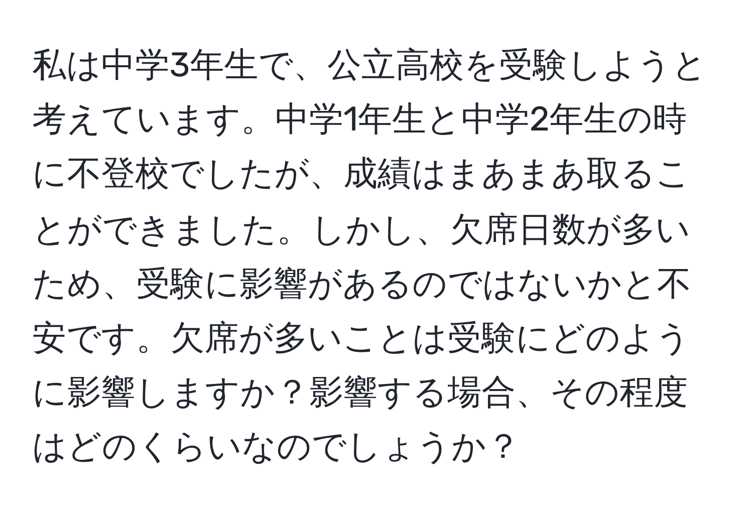 私は中学3年生で、公立高校を受験しようと考えています。中学1年生と中学2年生の時に不登校でしたが、成績はまあまあ取ることができました。しかし、欠席日数が多いため、受験に影響があるのではないかと不安です。欠席が多いことは受験にどのように影響しますか？影響する場合、その程度はどのくらいなのでしょうか？