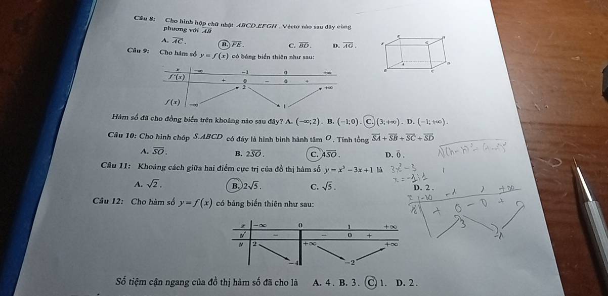 Cho hình hộp chữ nhật ABCD.EFGH . Véctơ nào sau đây cùng
phương với overline AB
ε "
A. overline AC. B overline FE. C. overline BD. D. overline AG. r
Câu 9: Cho hàm số y=f(x) có bảng biển thiên như sau: D
c
Hàm số đã cho đồng biến trên khoảng nào sau đây? A. (-∈fty ;2). B. (-1;0).( .)(3;+∈fty ). D. (-1;+∈fty ).
Câu 10: Cho hình chóp S.ABCD có đáy là hình bình hành tâm O. Tính tồng overline SA+overline SB+overline SC+overline SD
A. overline SO. 2overline SO. c. overline ASO. D. ō .
B.
Câu 11: Khoảng cách giữa hai điểm cực trị của đồ thị hàm số y=x^3-3x+1 là
A. sqrt(2). )2sqrt(5). C. sqrt(5).
B.
D. 2 .
Câu 12: Cho hàm số y=f(x) có bảng biến thiên như sau:
r -∞ 0 1 +∞
- 0 +
" 2 +∞ +∞
−2 
Số tiệm cận ngang của đồ thị hàm số đã cho là A. 4 . B. 3 . 1. D. 2 .