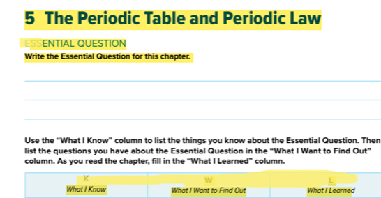 The Periodic Table and Periodic Law 
ESSENTIAL QUESTION 
Write the Essential Question for this chapter. 
_ 
_ 
_ 
Use the “What I Know” column to list the things you know about the Essential Question. Then 
list the questions you have about the Essential Question in the “What I Want to Find Out” 
column. As you read the chapter, fill in the “What I Learned” column. 
What I Know What I Want to Find Out What I Learned