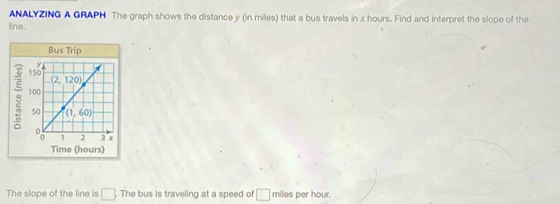 ANALYZING A GRAPH The graph shows the distance y (in miles) that a bus travels in x hours. Find and interpret the slope of the
line.
Bus Trip
8 
Time (hours)
The slope of the line is □. The bus is traveling at a speed of □ miles per hour.