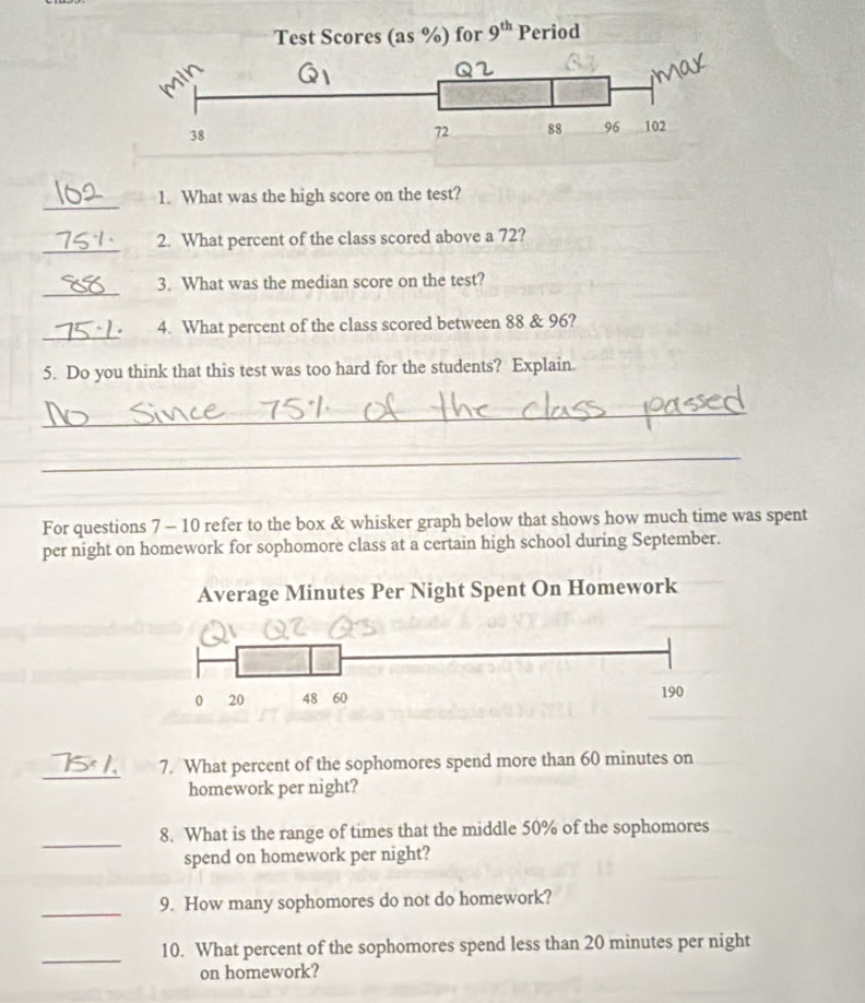 What was the high score on the test?
_
2. What percent of the class scored above a 72?
_
3. What was the median score on the test?
_
4. What percent of the class scored between 88 & 96?
5. Do you think that this test was too hard for the students? Explain.
_
_
For questions 7 - 10 refer to the box & whisker graph below that shows how much time was spent
per night on homework for sophomore class at a certain high school during September.
_
7. What percent of the sophomores spend more than 60 minutes on
homework per night?
_
8. What is the range of times that the middle 50% of the sophomores
spend on homework per night?
_
9. How many sophomores do not do homework?
_
10. What percent of the sophomores spend less than 20 minutes per night
on homework?