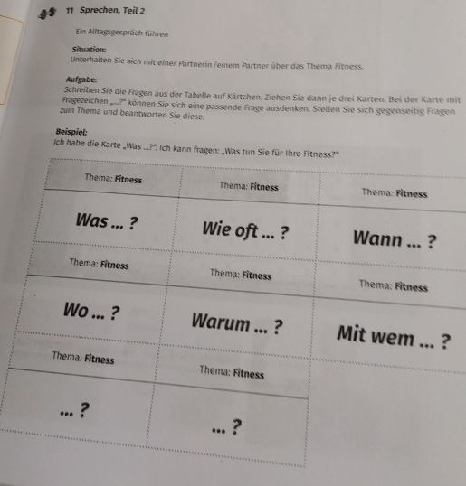 Sprechen, Teil 2 
Ein Alltagsgespräch führen 
Situation: 
Unterhalten Sie sich mit einer Partnerin /einem Partner über das Thema Fitness. 
Aufgabe: 
Schreiben Sie die Fragen aus der Tabelle auf Kärtchen. Ziehen Sie dann je drei Karten. Bei der Karte mit 
Fragezeichen ...?' können Sie sich eine passende Frage ausdenken. Stellen Sie sich gegenseitig Fragen 
zum Thema und beantworten Sie diese. 
Beispiel: 
Ich habe die Karte „Was . 
?