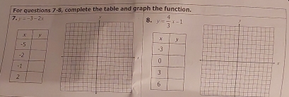 For questions 7-8, complete the table and graph the function.
7. y=-3-2x y= 4/3 x-1
8.