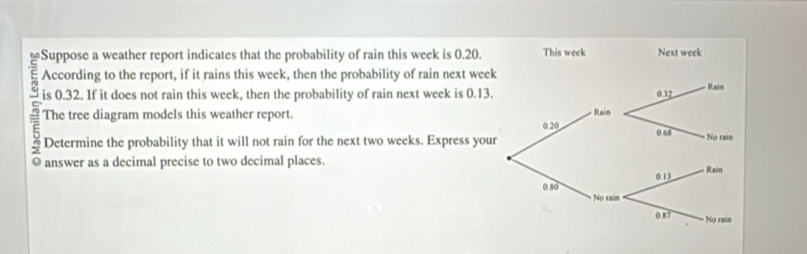 Suppose a weather report indicates that the probability of rain this week is 0.20. 
E According to the report, if it rains this week, then the probability of rain next wee 
C is 0.32. If it does not rain this week, then the probability of rain next week is 0.13. 
a The tree diagram models this weather report. 
a Determine the probability that it will not rain for the next two weeks. Express you 
a answer as a decimal precise to two decimal places.