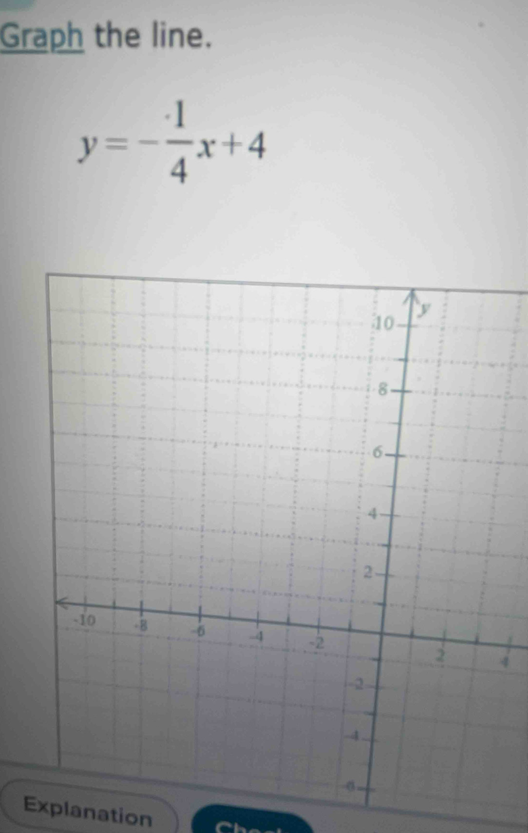 Graph the line.
y=- 1/4 x+4
4 
Explanation