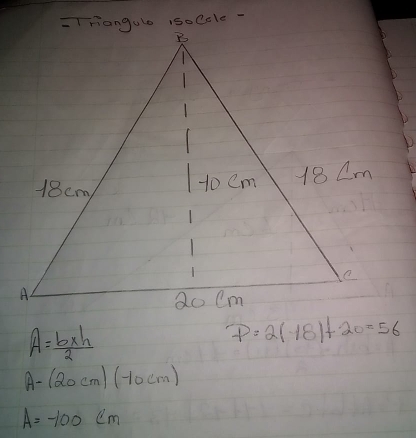 A= (b* h)/2 
p=2(-18)+20=56
A-(20cm)(-10cm)
A=-100cm