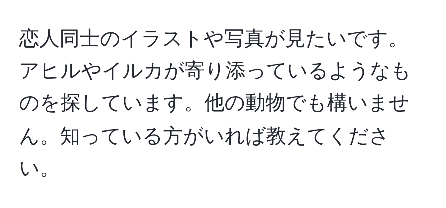 恋人同士のイラストや写真が見たいです。アヒルやイルカが寄り添っているようなものを探しています。他の動物でも構いません。知っている方がいれば教えてください。