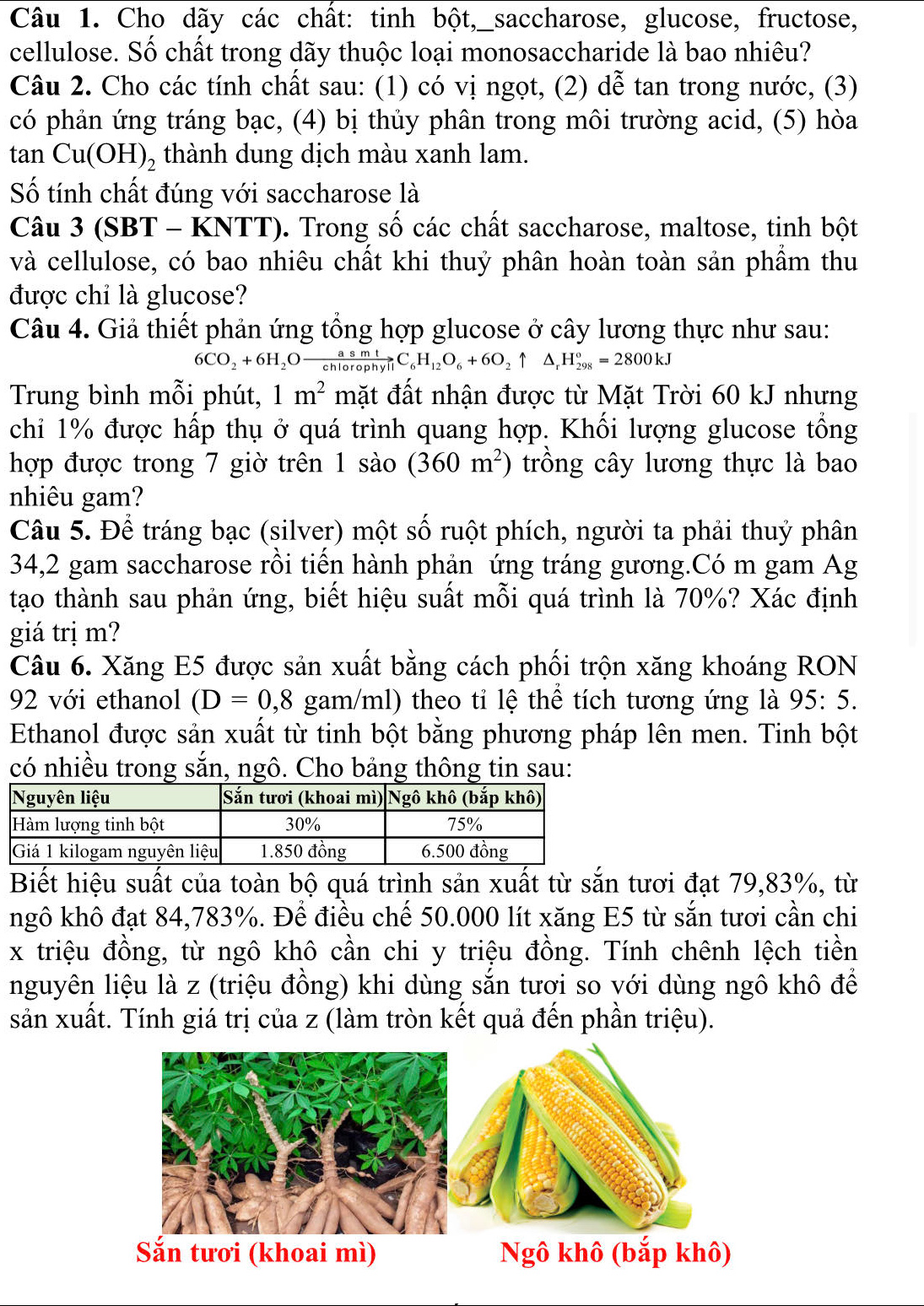 Cho dãy các chất: tinh bột,_saccharose, glucose, fructose,
cellulose. Số chất trong dãy thuộc loại monosaccharide là bao nhiêu?
Câu 2. Cho các tính chất sau: (1) có vị ngọt, (2) dễ tan trong nước, (3)
có phản ứng tráng bạc, (4) bị thủy phân trong môi trường acid, (5) hòa
tan Cu(OH)_2 thành dung dịch màu xanh lam.
Số tính chất đúng với saccharose là
Câu 3 (SBT - KNTT). Trong số các chất saccharose, maltose, tinh bột
và cellulose, có bao nhiêu chất khi thuỷ phân hoàn toàn sản phầm thu
được chỉ là glucose?
Câu 4. Giả thiết phản ứng tổng hợp glucose ở cây lương thực như sau:
6CO_2+6H_2Oxrightarrow asmtC_hlorophyliC_6H_12O_6+6O_2uparrow △ _rH_(298)^o=2800kJ
Trung bình mỗi phút, 1m^2 mặt đất nhận được từ Mặt Trời 60 kJ nhưng
chi 1% được hấp thụ ở quá trình quang hợp. Khối lượng glucose tổng
hợp được trong 7 giờ trên 1 sào (360m^2) trồng cây lương thực là bao
nhiêu gam?
Câu 5. Để tráng bạc (silver) một số ruột phích, người ta phải thuỷ phân
34,2 gam saccharose rồi tiến hành phản ứng tráng gương.Có m gam Ag
tạo thành sau phản ứng, biết hiệu suất mỗi quá trình là 70%? Xác định
giá trị m?
Câu 6. Xăng E5 được sản xuất bằng cách phối trộn xăng khoáng RON
92 với ethanol (D=0,8 gam/ml) theo tỉ lệ thể tích tương ứng là 95:5.
Ethanol được sản xuất từ tinh bột bằng phương pháp lên men. Tinh bột
có nhiều trong sắn, ngô. Cho bảng thông tin sau:
Biết hiệu suất của toàn bộ quá trình sản xuất từ sắn tươi đạt 79,83%, từ
ngô khô đạt 84,783%. Để điều chế 50.000 lít xăng E5 từ sắn tươi cần chi
x triệu đồng, từ ngô khô cần chi y triệu đồng. Tính chênh lệch tiền
nguyên liệu là z (triệu đồng) khi dùng sắn tươi so với dùng ngô khô để
sản xuất. Tính giá trị của z (làm tròn kết quả đến phần triệu).
Sắn tươi (khoai mì) Ngô khô (bắp khô)