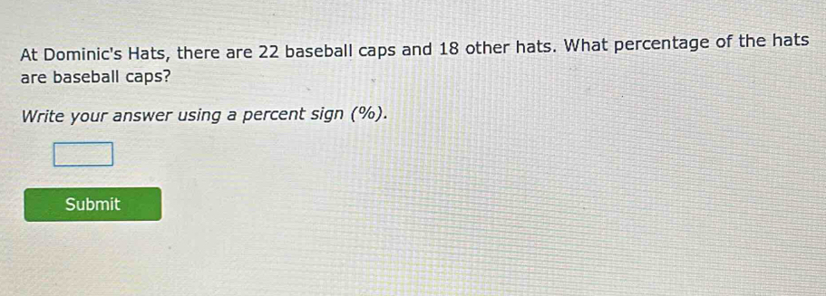 At Dominic's Hats, there are 22 baseball caps and 18 other hats. What percentage of the hats 
are baseball caps? 
Write your answer using a percent sign (%). 
Submit