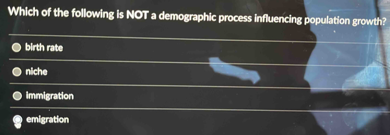 Which of the following is NOT a demographic process influencing population growth?
birth rate
niche
immigration
emigration