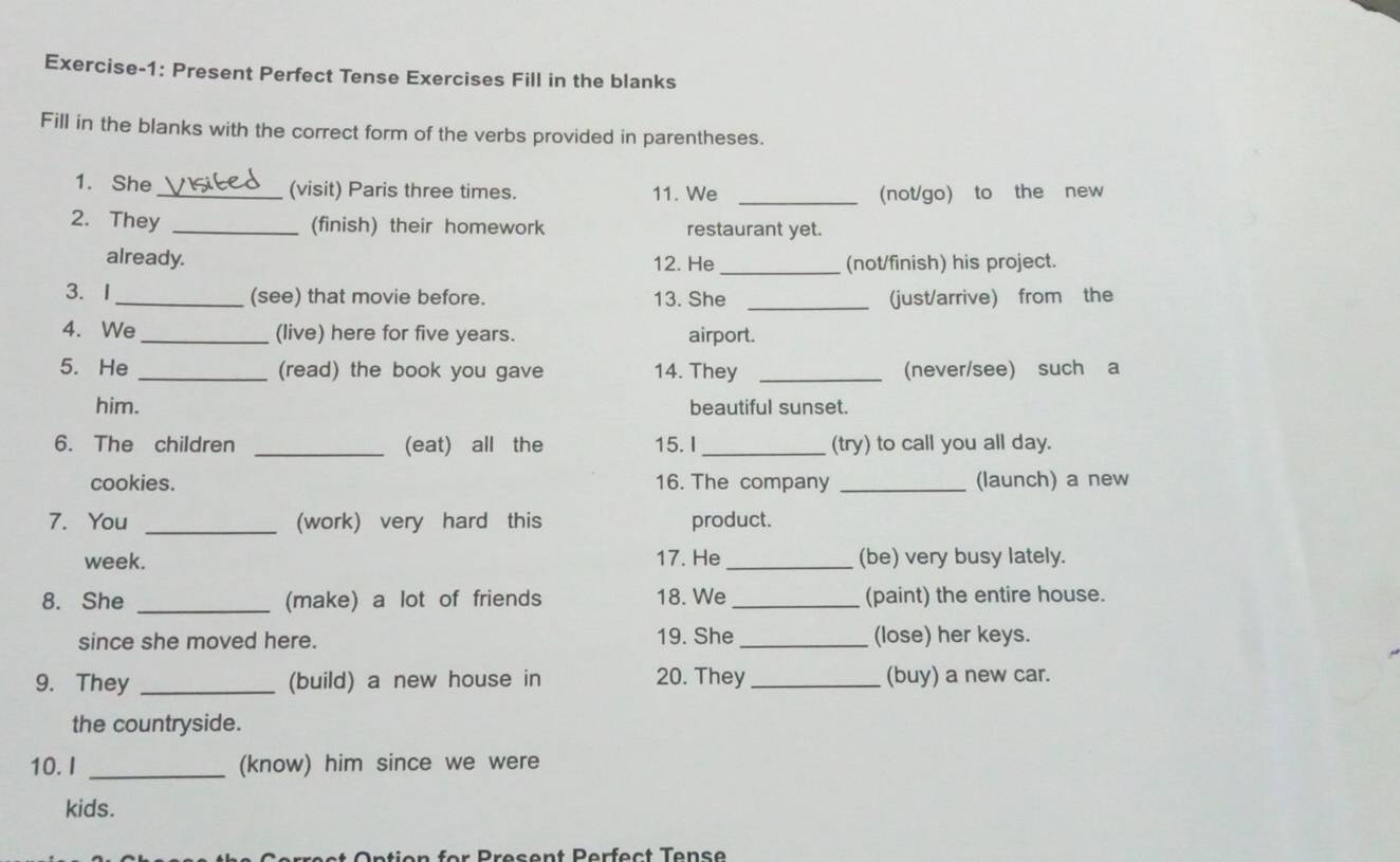 Exercise-1: Present Perfect Tense Exercises Fill in the blanks 
Fill in the blanks with the correct form of the verbs provided in parentheses. 
1. She _(visit) Paris three times. 11. We _(not/go) to the new 
2. They _(finish) their homework restaurant yet. 
already. 12. He _(not/finish) his project. 
3. I_ (see) that movie before. 13. She _(just/arrive) from the 
4. We_ (live) here for five years. airport. 
5. He _(read) the book you gave 14. They _(never/see) such a 
him. beautiful sunset. 
6. The children _(eat) all the 15. I (try) to call you all day. 
cookies. 16. The company _(launch) a new 
7. You _(work) very hard this product. 
week. 17. He _(be) very busy lately. 
8. She _(make) a lot of friends 18. We _(paint) the entire house. 
since she moved here. 19. She _(lose) her keys. 
9. They _(build) a new house in 20. They _(buy) a new car. 
the countryside. 
10. I _(know) him since we were 
kids. 
ntion for Present Perf ect Ten s e