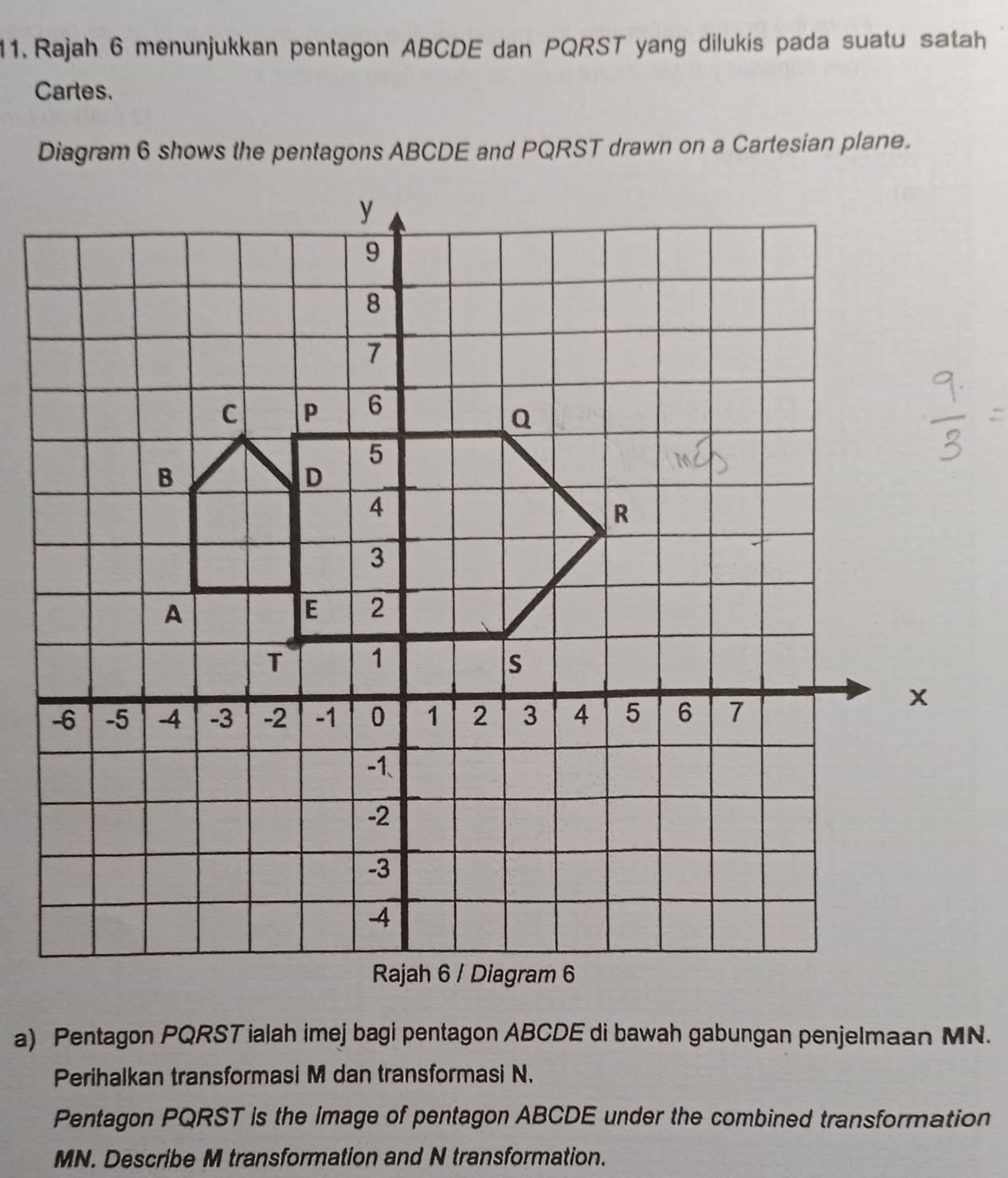 Rajah 6 menunjukkan pentagon ABCDE dan PQRST yang dilukis pada suatu satah 
Cartes. 
Diagram 6 shows the pentagons ABCDE and PQRST drawn on a Cartesian plane. 
a) Pentagon PQRST ialah imej bagi pentagon ABCDE di bawah gabungan penjelmaan MN. 
Perihalkan transformasi M dan transformasi N. 
Pentagon PQRST is the Image of pentagon ABCDE under the combined transformation
MN. Describe M transformation and N transformation.