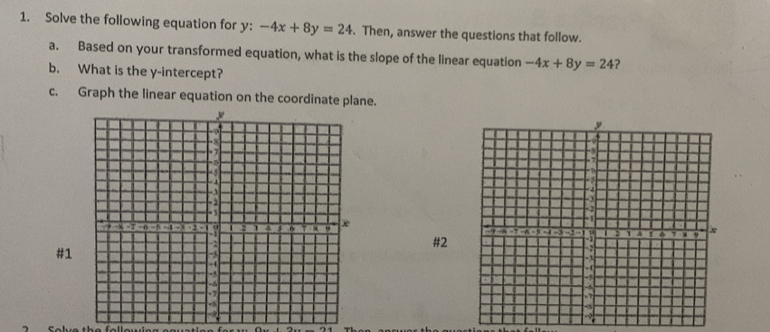 Solve the following equation for y : -4x+8y=24. Then, answer the questions that follow.
a. Based on your transformed equation, what is the slope of the linear equation -4x+8y=24 ?
b. What is the y-intercept?
c. Graph the linear equation on the coordinate plane.

#2
#1