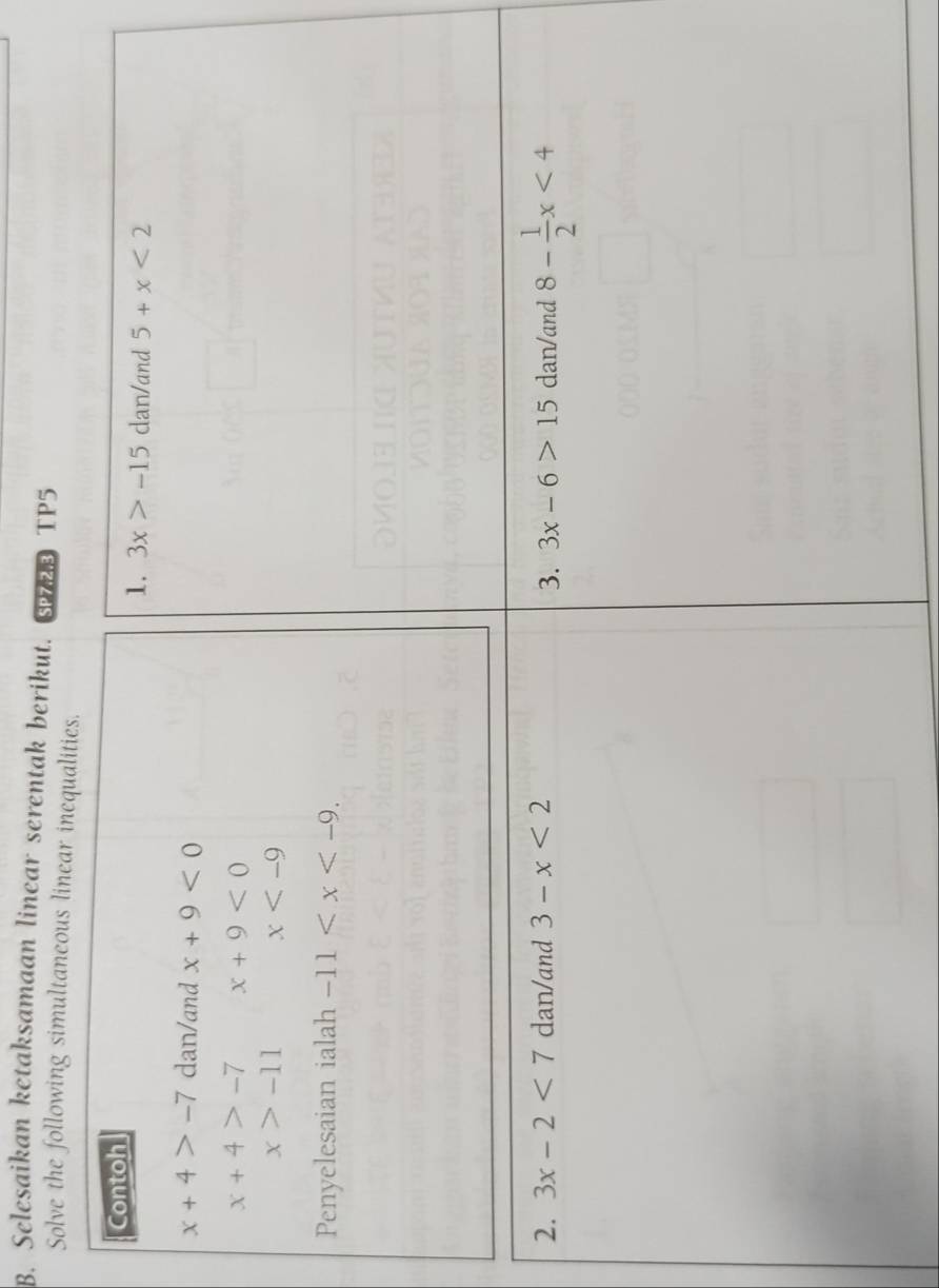 Selesaikan ketaksamaan linear serentak berikut. SB TP5
Solve the following simultaneo