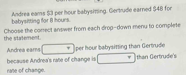 Andrea earns $3 per hour babysitting. Gertrude earned $48 for 
babysitting for 8 hours. 
Choose the correct answer from each drop-down menu to complete 
the statement. 
Andrea earns per hour babysitting than Gertrude 
because Andrea's rate of change is than Gertrude's 
rate of change.