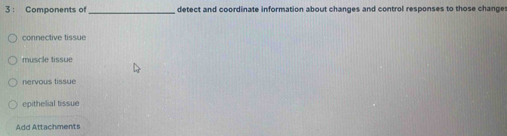 3: Components of _detect and coordinate information about changes and control responses to those changes
connective tissue
muscle tissue
nervous tissue
epithelial tissue
Add Attachments