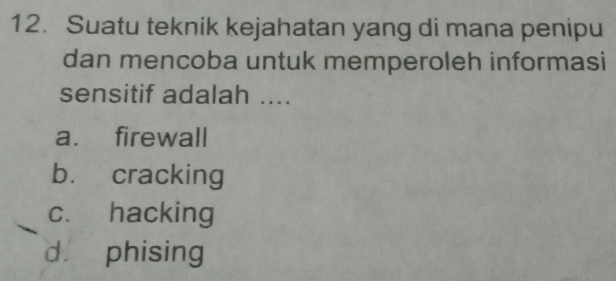 Suatu teknik kejahatan yang di mana penipu
dan mencoba untuk memperoleh informasi
sensitif adalah ....
a. firewall
b. cracking
c. hacking
dì phising