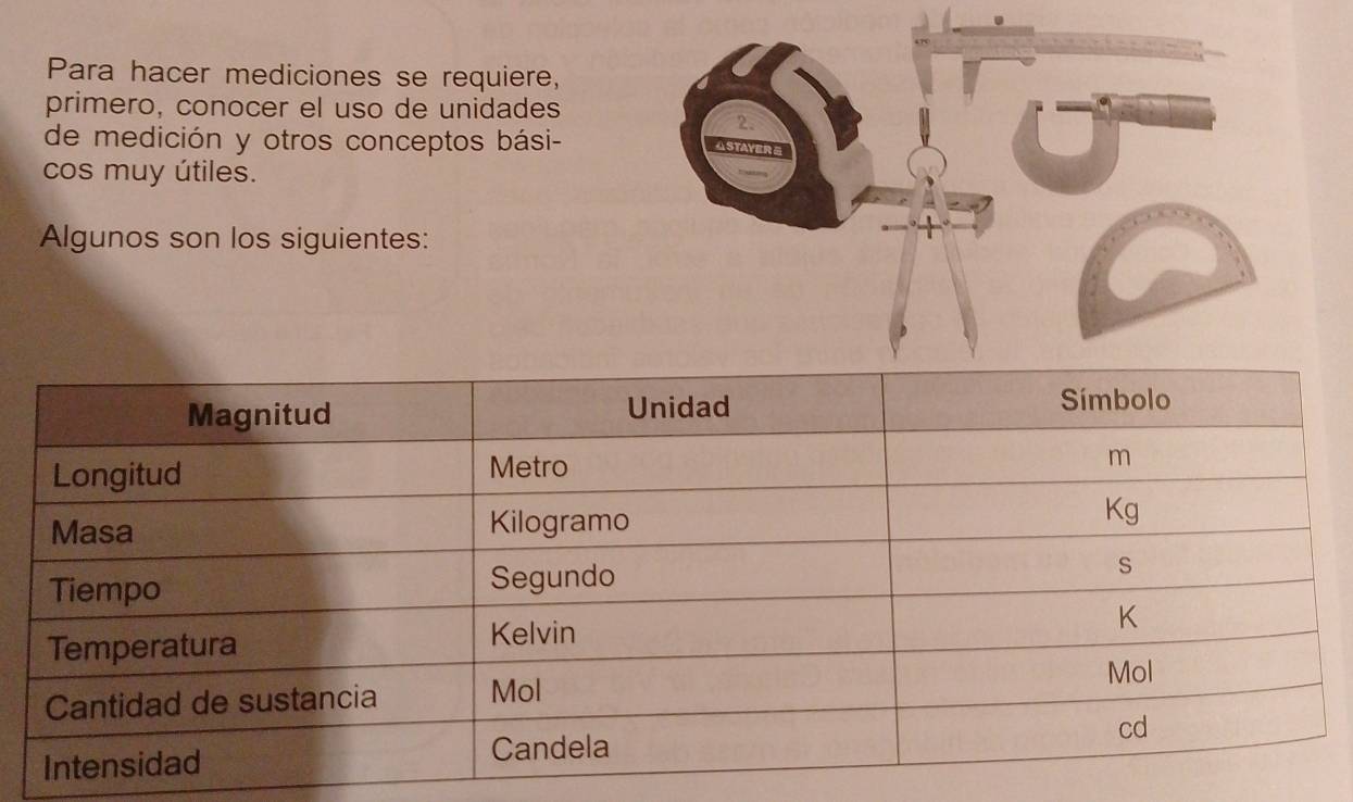 Para hacer mediciones se requiere, 
primero, conocer el uso de unidades 
de medición y otros conceptos bási- 
cos muy útiles. 
Algunos son los siguientes: