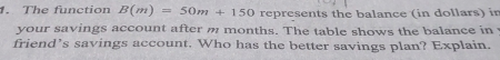 The function B(m)=50m+150 represents the balance (in dollars) in 
your savings account after m months. The table shows the balance in 
friend’s savings account. Who has the better savings plan? Explain.