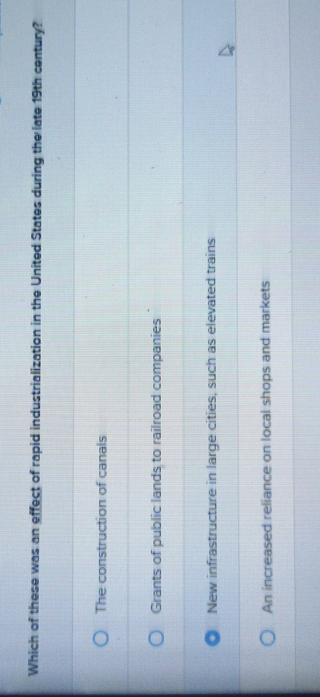 Which of these was an effect of rapid industrialization in the United States during the late 19th century?
The construction of canals
Grants of public lands to railroad companies
New infrastructure in large cities, such as elevated trains
An increased reliance on local shops and markets