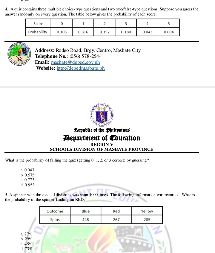 A quiz contains three multiple choice-type questions and two true/false-type questions. Suppose you guess the
answer randomly on every question. The table below gives the probability of each score.
Address: Rodeo Road, Brgy. Centro, Masbate City
Telephone No.: (056) 578-2544
Email: masbate@deped.gov.ph
Website: http://depedmasbate.ph
Republic of the Philippines
Department of Education
REGION V
SCHOOLS DIVISION OF MASBATE PROVINCE
What is the probability of failing the quiz (getting 0, 1, 2, or 3 correct) by guessing?
a 0.047
b. 0.575
c. 0.773
d. 0.953
5. A spinner with three equal divisions was spun 1000 times. The following information was recorded. What is
the probability of the spinner landing on RED?
a 27%
b. 29%
c. 45%
d. 73%