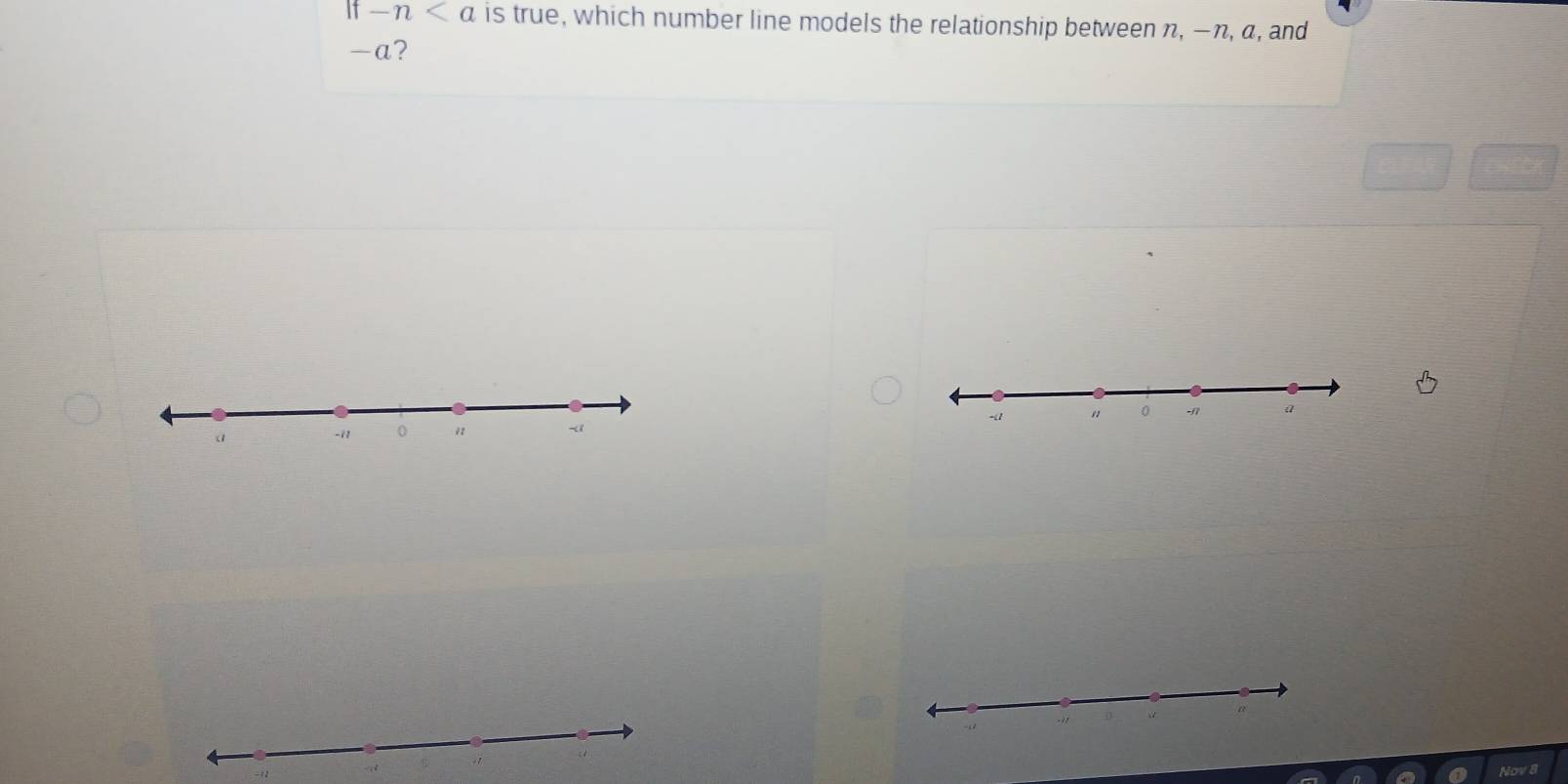 If-n is true, which number line models the relationship between n, -η, α, and
-a? 

Nov 8