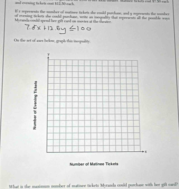 Ber local theater. Matinee tickets cod 8x-21 each 
and evening tickets cost $12.50 each. 
If x represents the number of matinee tickets she could purchase, and y represents the number 
of evening tickets she could purchase, write an inequality that represents all the possible ways 
Myranda could spend her gift card on movies at the theater. 
On the set of axes below, graph this inequality. 
What is the maximum number of matinee tickets Myranda could purchase with her gift card?