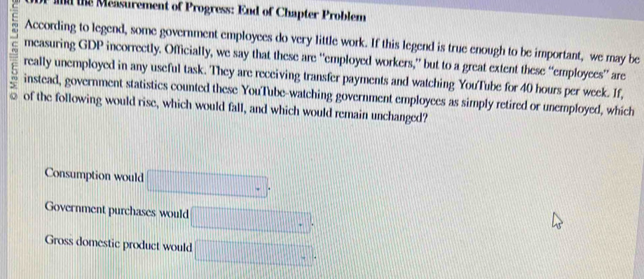 and the Measurement of Progress: End of Chapter Problem 
According to legend, some government employees do very little work. If this legend is true enough to be important, we may be 
measuring GDP incorrectly. Officially, we say that these are “employed workers,” but to a great extent these “employees” are 
really unemployed in any useful task. They are receiving transfer payments and watching YouTube for 40 hours per week. If, 
instead, government statistics counted these YouTube-watching government employees as simply retired or unemployed, which 
of the following would rise, which would fall, and which would remain unchanged? 
Consumption would □°
Government purchases would □. 
Gross domestic product would □°