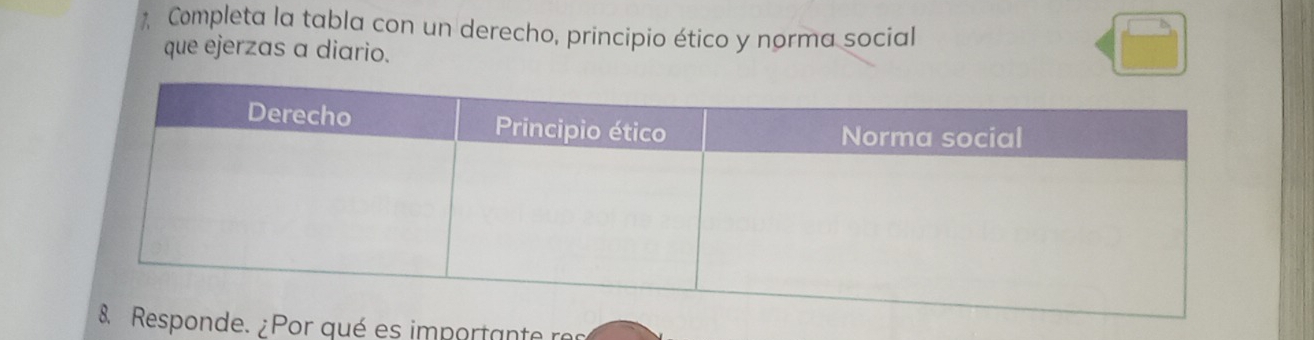 Completa la tabla con un derecho, principio ético y norma social 
que ejerzas a diario. 
nde. ¿ Por qué es importante re