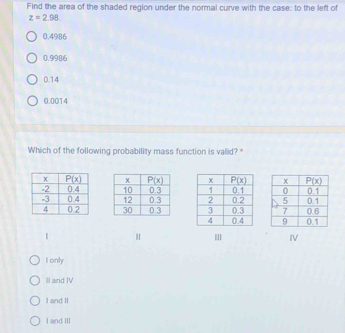 Find the area of the shaded region under the normal curve with the case: to the left of
z=2.98.
0.4986
0.9986
0.14
0.0014
Which of the following probability mass function is valid? *
  
   
   
   
 
II
IV
I only
II and IV
I and II
I and III